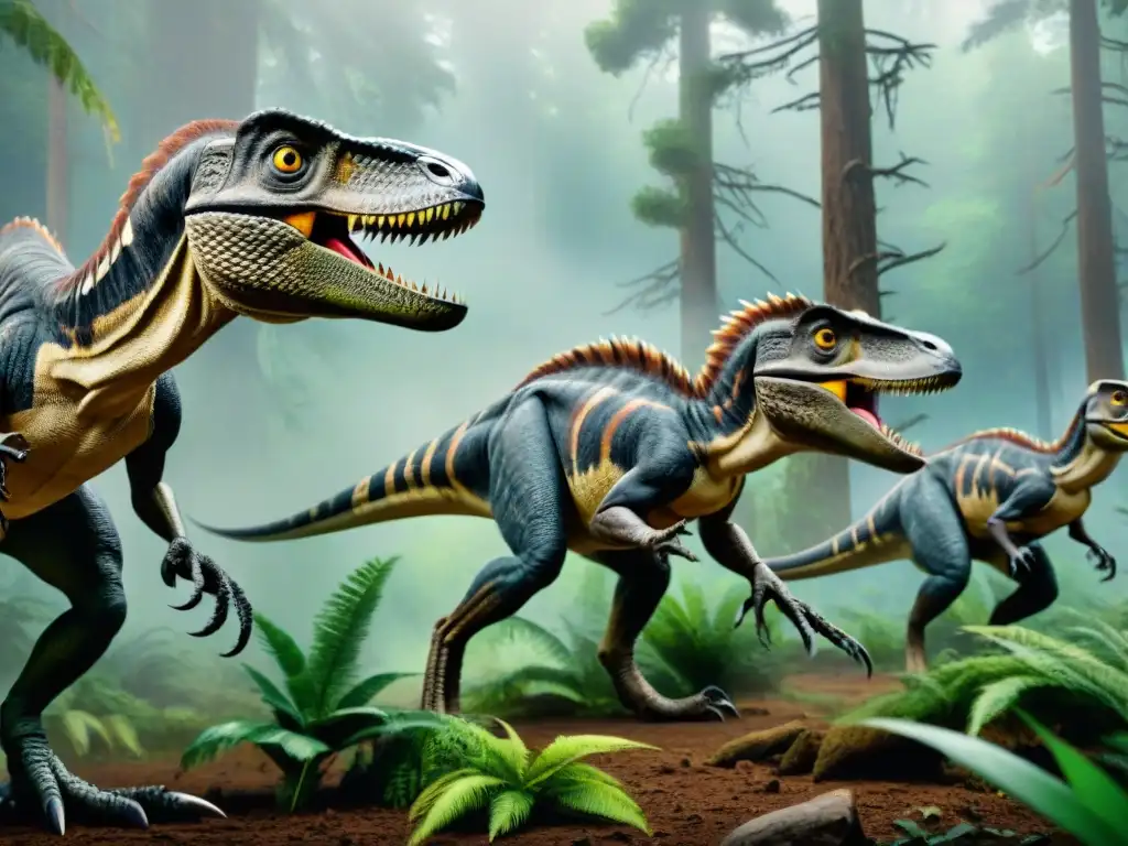Velocirraptores en caza: estrategia y precisión en la prehistoria Impresionante caza en manada de velocirraptores en un bosque prehistórico