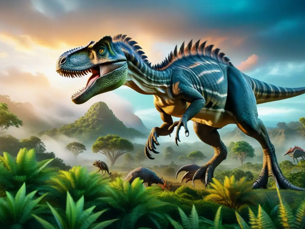 Caza de Velociraptors: escena dramática en la era de los dinosaurios Impresionante ilustración de depredadores en la era de los dinosaurios capturando presas en un paisaje prehistórico