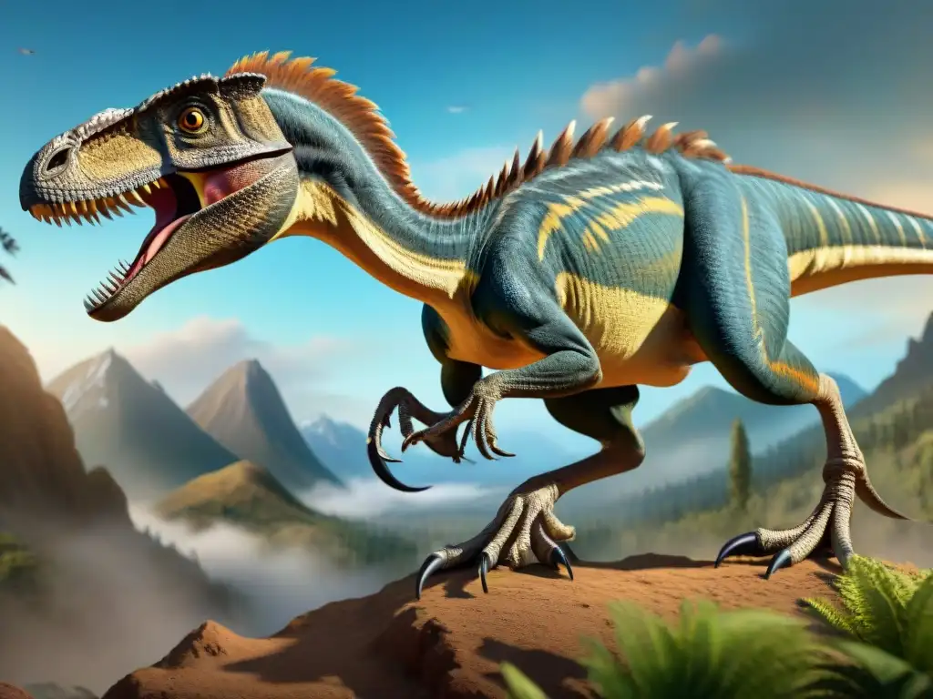 Deinonychus: Avesaurio depredador en acción Impresionante ilustración detallada de Deinonychus en postura de caza, resaltando sus garras curvas afiladas, cuerpo emplumado y mirada aguda