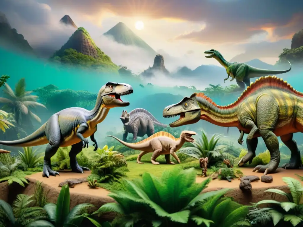 Evolución de dinosaurios: diorama detallado y vibrante Un impresionante diorama detallado muestra la evolución de los dinosaurios y su impacto en la cultura moderna