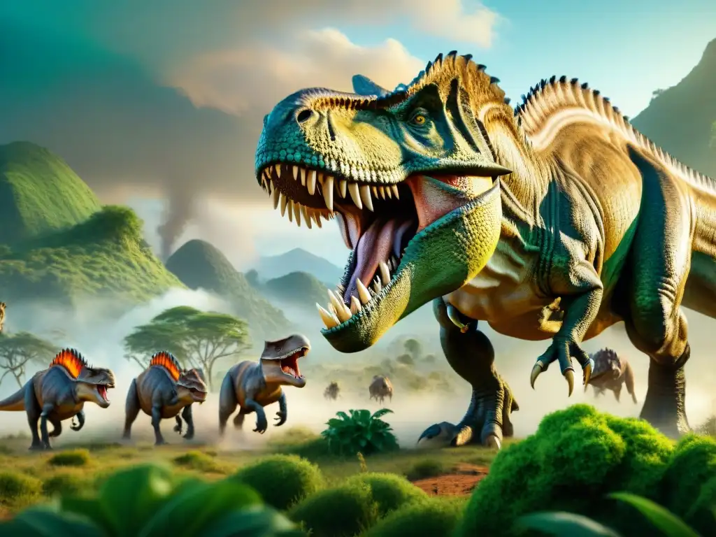 Batalla épica: Tiranosaurio rex cazando Triceratops Impresionante escena de caza entre un feroz Tyrannosaurus rex y un grupo de Triceratops en el Mesozoico