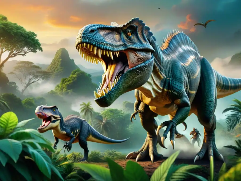 Jungla prehistórica: T-Rex acechando entre velocirraptores Impresionante escena de depredadores en la era de los dinosaurios en una jungla prehistórica