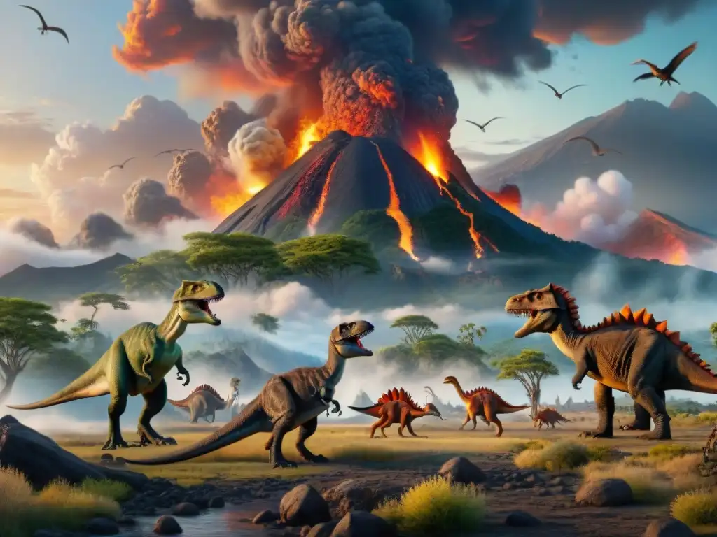 Apocalipsis de dinosaurios: Extinción masiva en paisaje prehistórico Impresionante escena de la evolución y extinción de dinosaurios en erupción volcánica y caos prehistórico