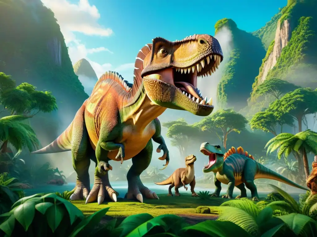 Vibrante escena de dinosaurios en la jungla prehistórica Impresionante escena de dinosaurios en la cultura pop en la jungla prehistórica