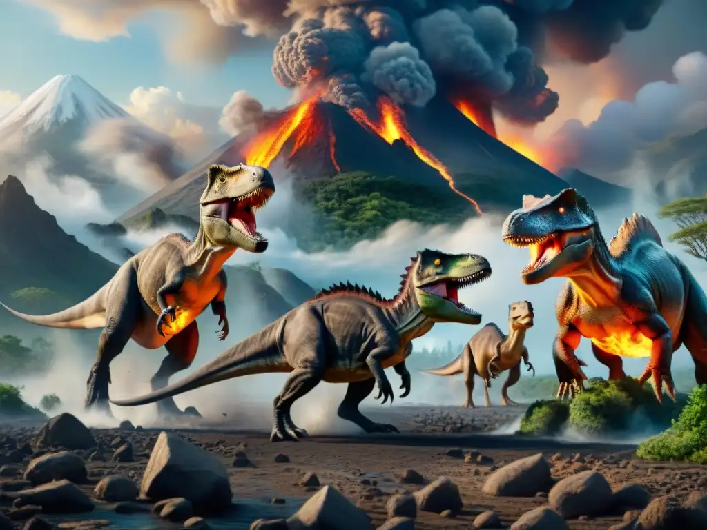 Dinosaurios en Pánico: Últimos Instantes Antes de la Catástrofe Impresionante escena de dinosaurios en su destino final ante el impacto climático