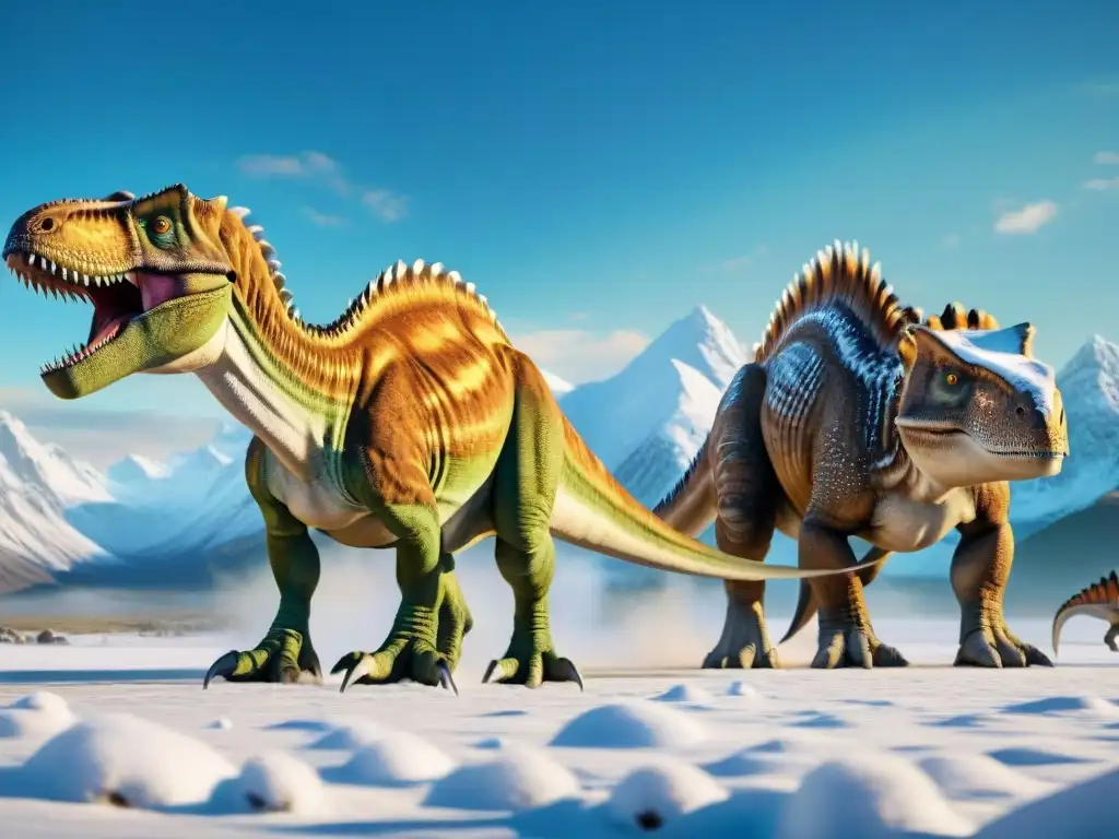 Dinosaurios prehistóricos con plumas y pelaje en la nieve Impresionante escena de dinosaurios prehistóricos con adaptaciones climáticas extraordinarias en un entorno nevado