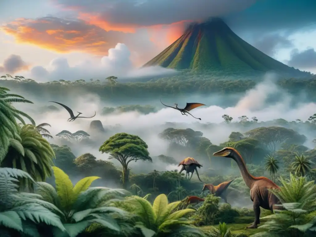 Recreación detallada de un paisaje prehistórico vibrante y lleno de vida Una impresionante escena de la evolución de especies prehistóricas influenciadas, con exuberante vegetación y criaturas ancestrales en acción