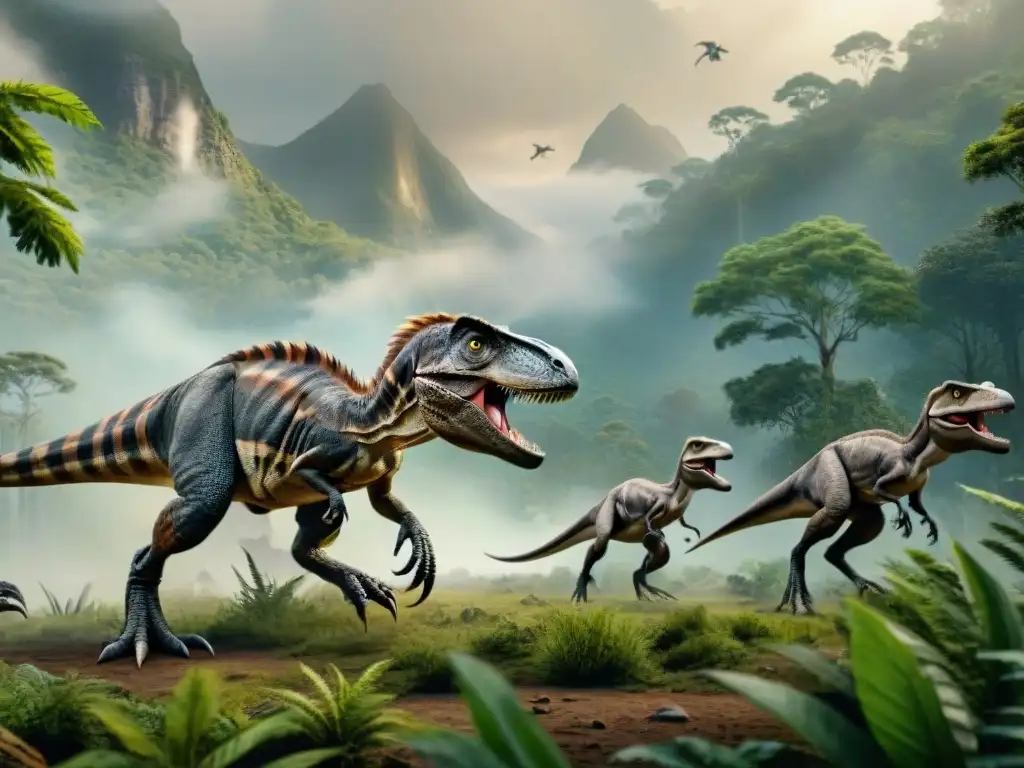 Manada de Velocirraptores cazando en la era Jurásica Impresionante escena de la evolución de estrategias de caza de dinosaurios en pleno Jurásico