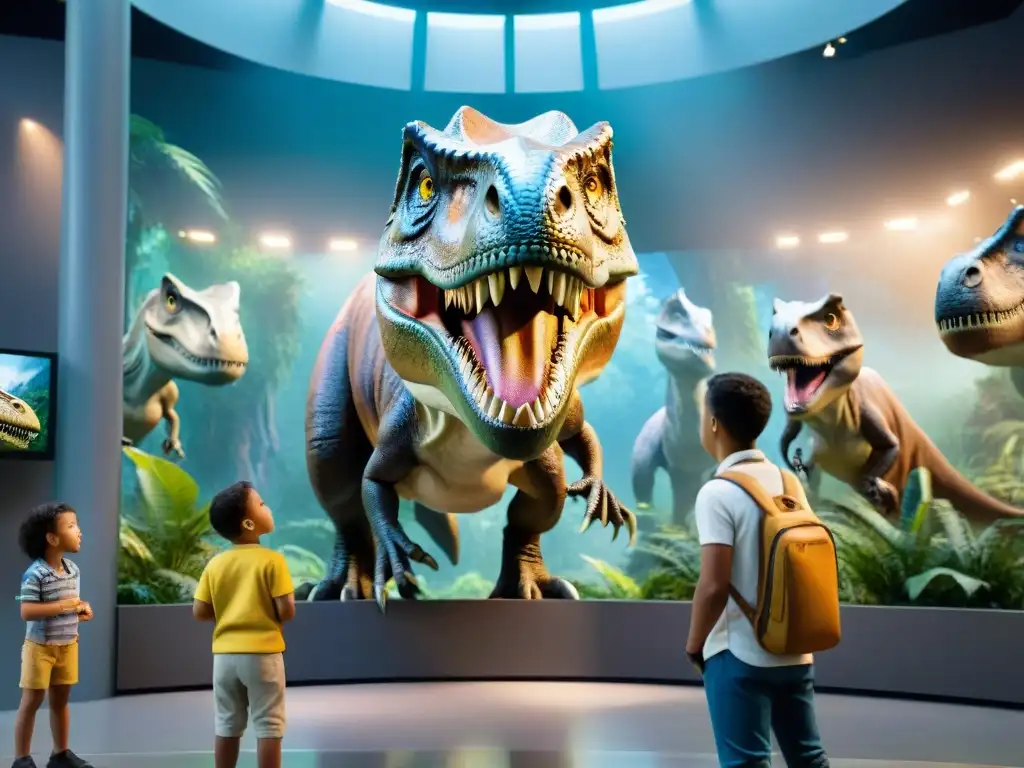 Impresionante escena de niños asombrados viendo un TRex animatrónico en un museo futurista, impacto Jurassic Park cultura dinosaurios