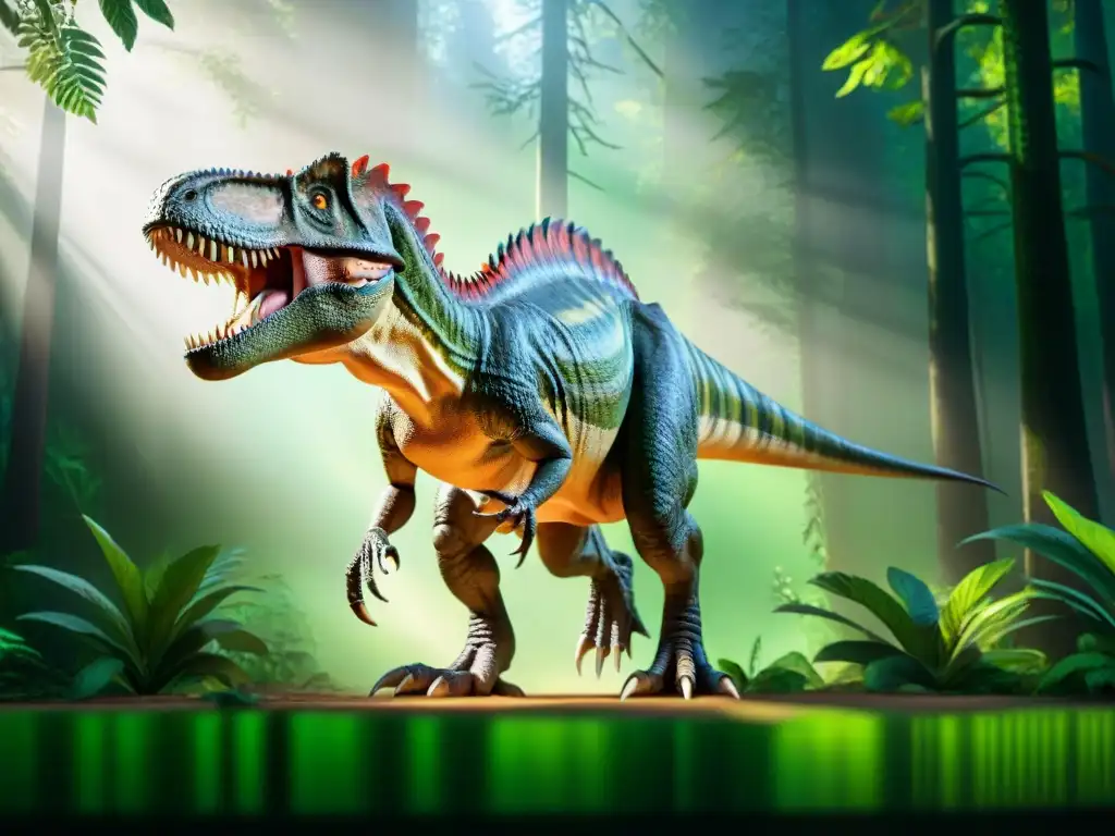 Imponente Tyrannosaurus rex en bosque soleado Impresionante escena de un Tyrannosaurus rex en un bosque soleado, con escamas brillantes y sombras realistas