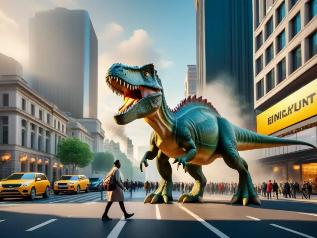 Esculturas de dinosaurios gigantes en la ciudad: una integración impactante y evocadora Impresionante escena urbana con dinosaurios gigantes en publicidad: iconos culturales