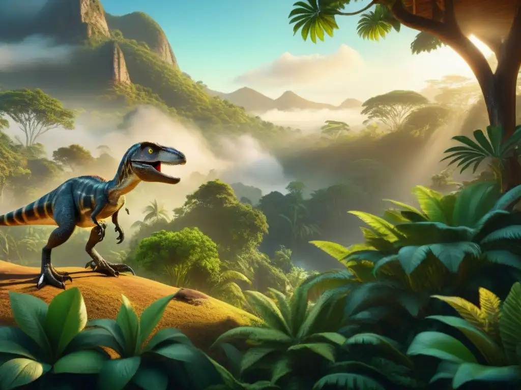 Velociraptors al atardecer: detalle realista en la jungla prehistórica Impresionante escena de Velociraptores en la jungla con luz natural