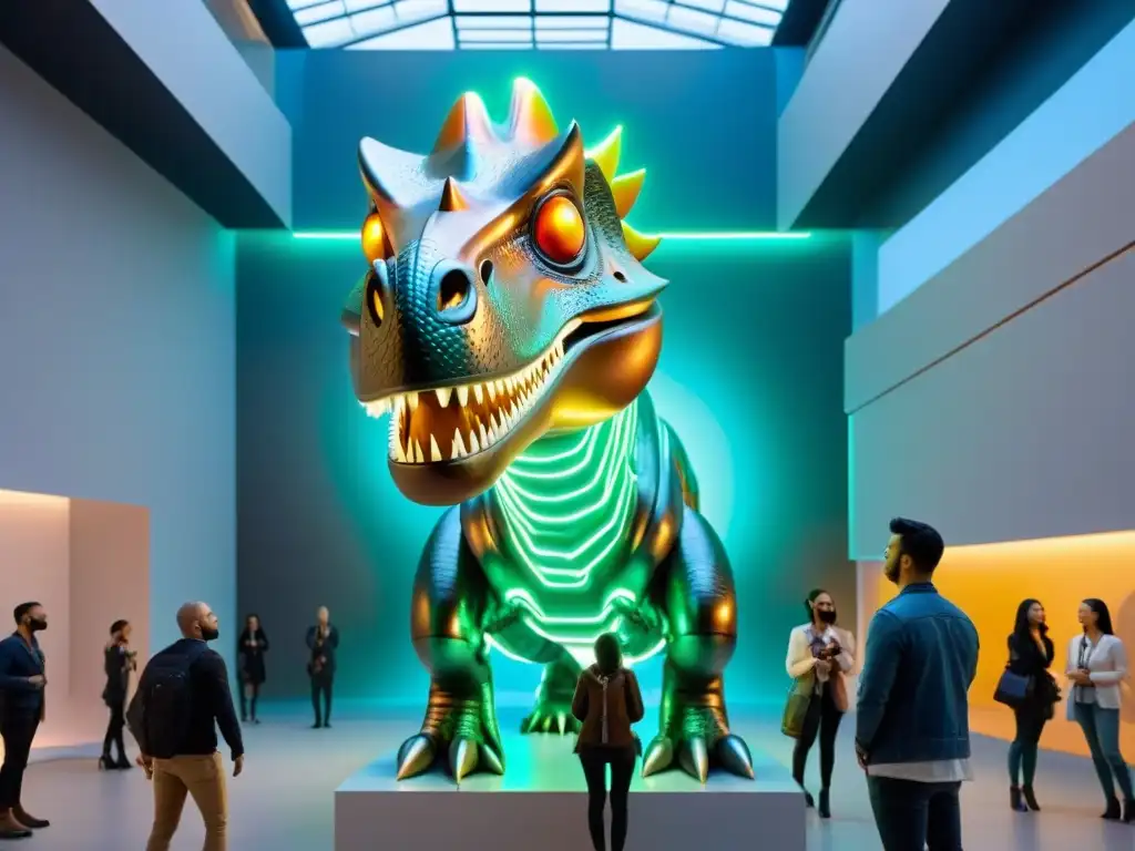 Un impresionante escultura de dinosaurio metálico en galería de arte contemporáneo