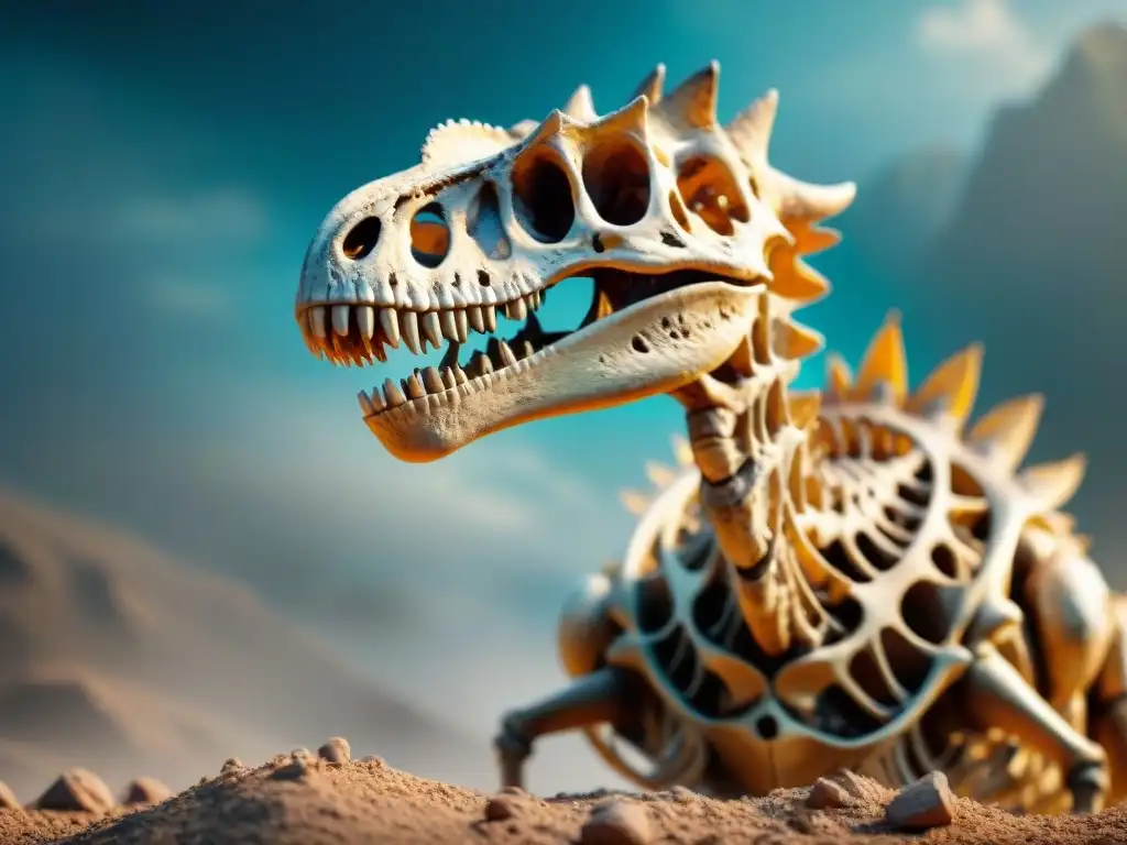 Dinosaurio fósil con deformidades: detalle en 8k Impresionante esqueleto de dinosaurio con huesos deformes, revelando la evolución