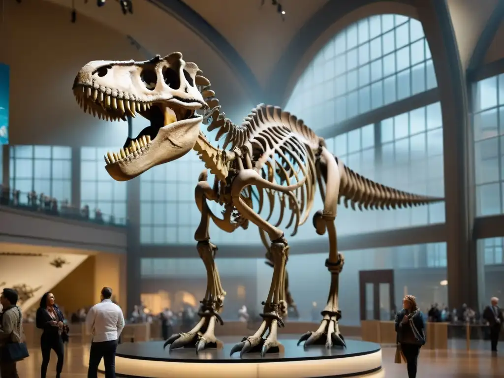 Impresionante esqueleto de Tyrannosaurus rex en museo de historia natural, adultos observan con fascinación y reverencia