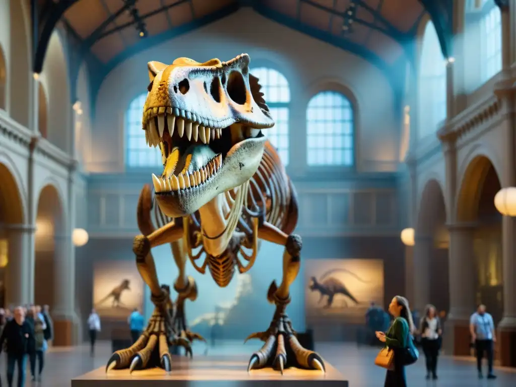 Impresionante esqueleto de T-Rex en museo de historia natural, cautivando a adultos y niños con su magnificencia prehistórica