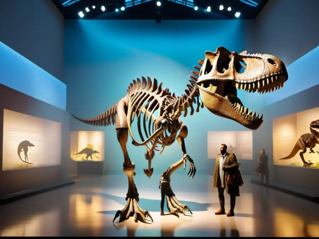 Esqueleto de T-Rex en museo: maravilla prehistórica Impresionante esqueleto de un Tyrannosaurus rex en un museo, rodeado de criaturas prehistóricas