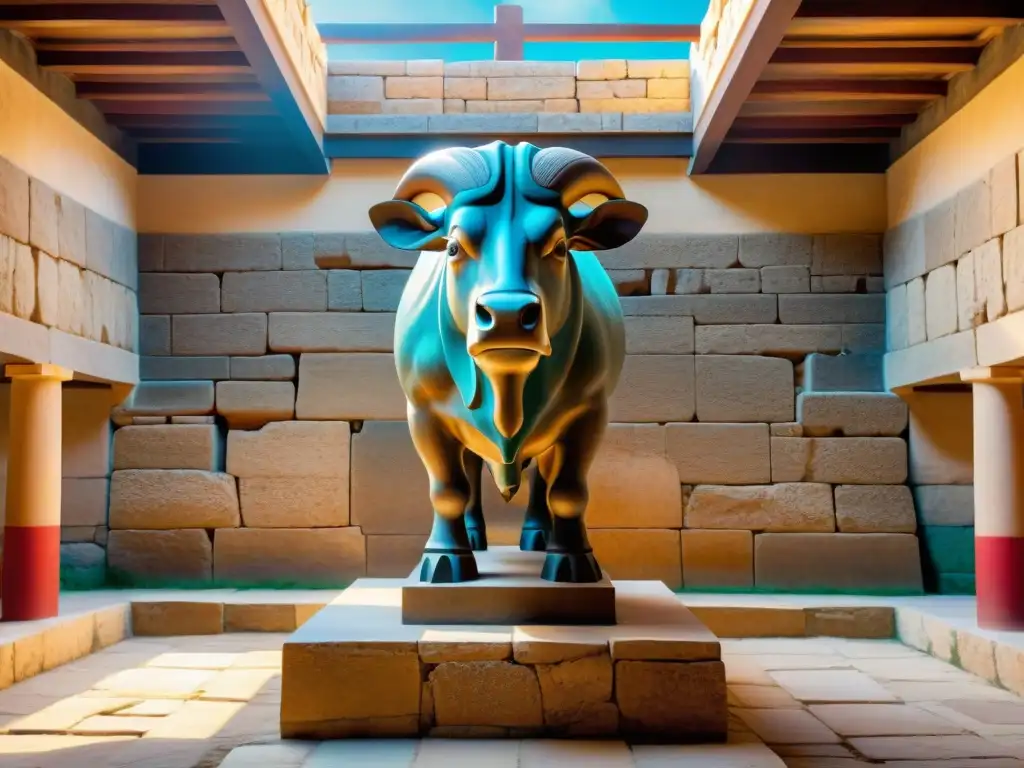Estatua del Minotauro en ruinas de Knossos: fusión mítica y arqueológica Impresionante estatua del Minotauro en ruinas de Knossos, fusionando humanidad y toro en un entorno misterioso y antiguo