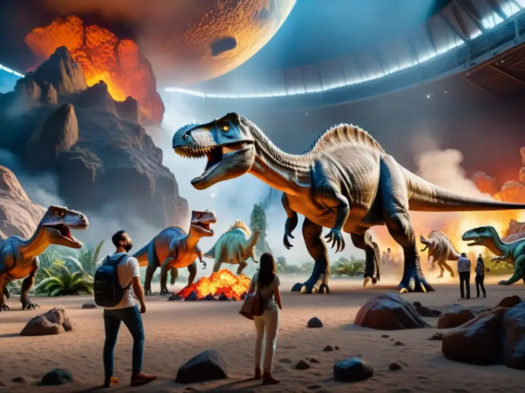 Exhibición de dinosaurios animatrónicos con impacto de asteroide Impresionante exhibición de museo con dinosaurios animatrónicos y colisión de asteroides en el cielo