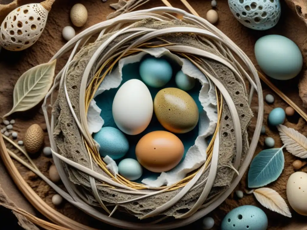 Anidamiento fosilizado: detalle único de huevos prehistóricos Impresionante fósil de nidos compartidos de especies prehistóricas con huevos variados en estructura detallada