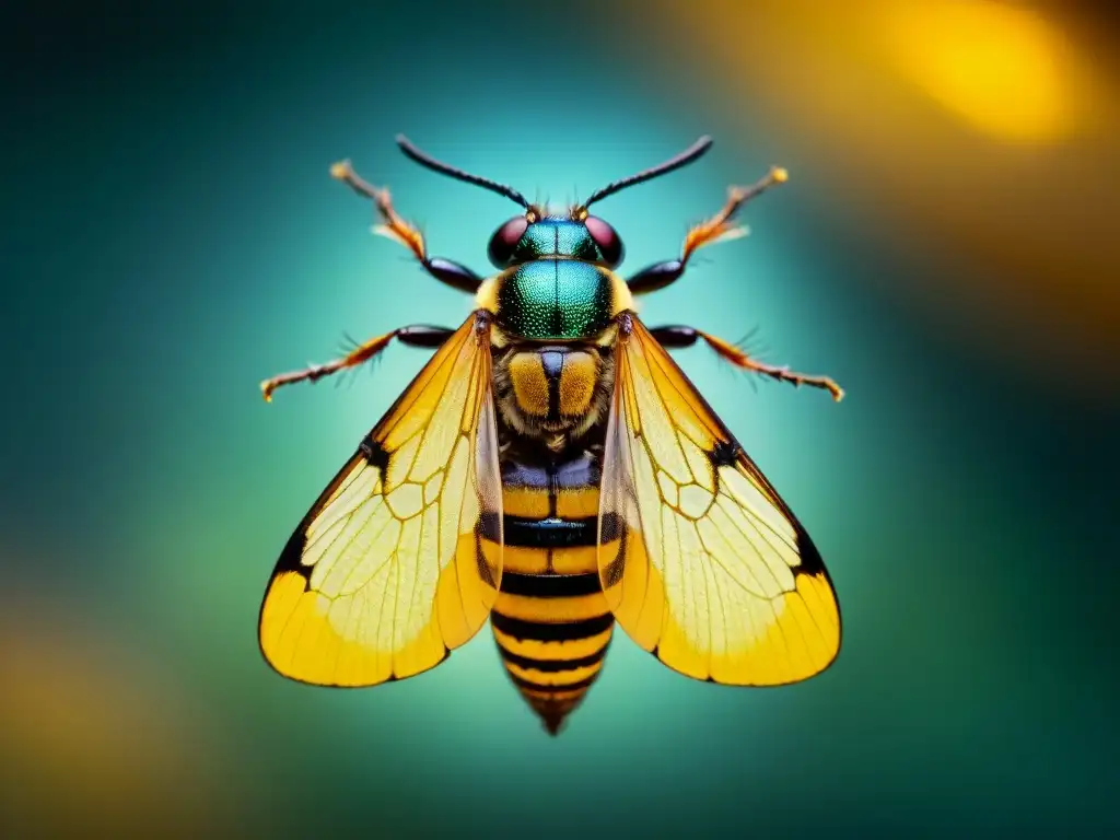 Insecto prehistórico atrapado en ámbar: detalle fascinante Una impresionante imagen en detalle de un insecto prehistórico atrapado en ámbar, iluminando sus alas, antenas y cuerpo