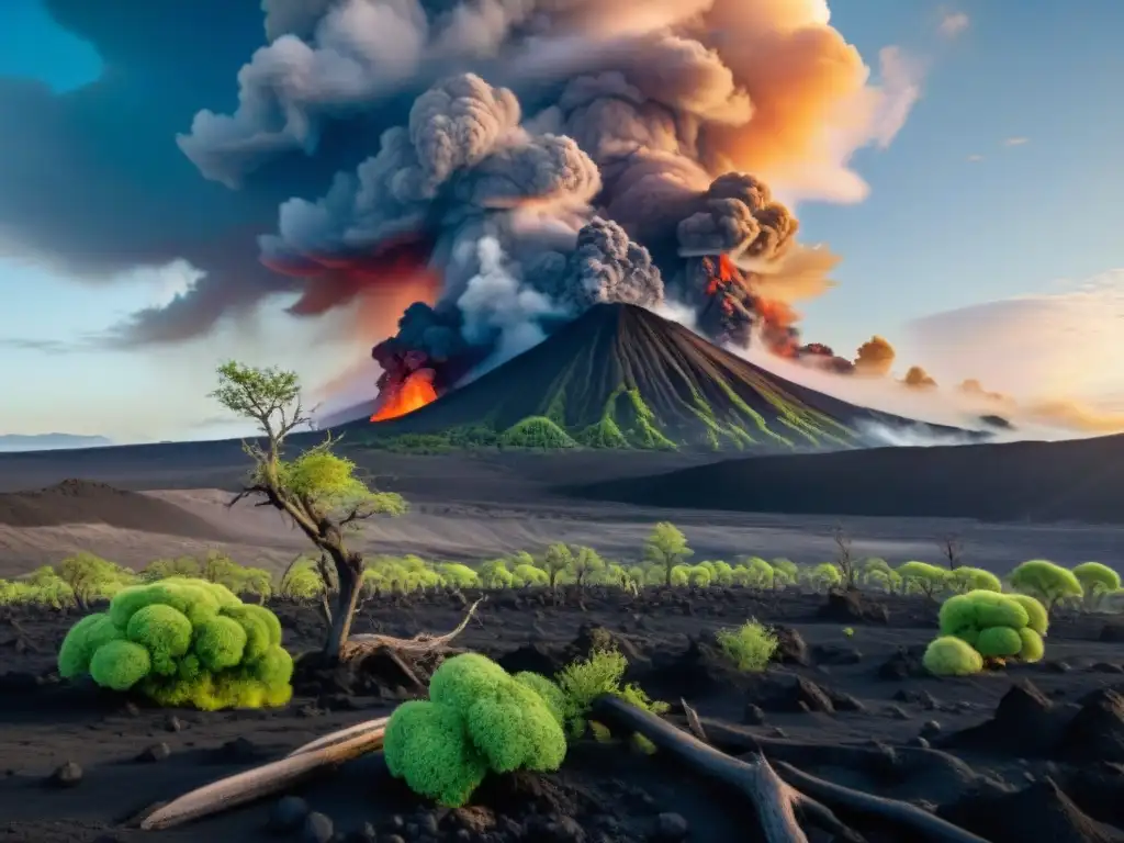Erupción volcánica prehistórica: desolación y renacimiento en la naturaleza Impresionante impacto volcánico en ecosistemas prehistóricos: desolación y renacimiento entre capas de ceniza y árboles carbonizados