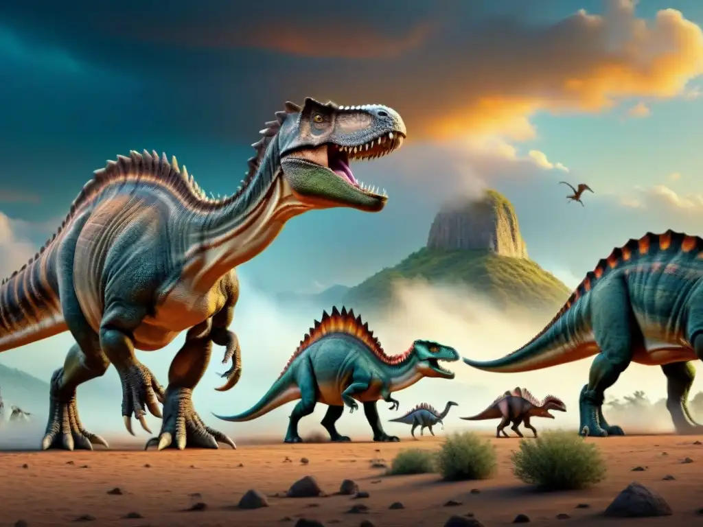 Dinosaurios en jerarquía: escena prehistórica ultra detallada Impresionante jerarquía social en manadas de dinosaurios, con líder destacado
