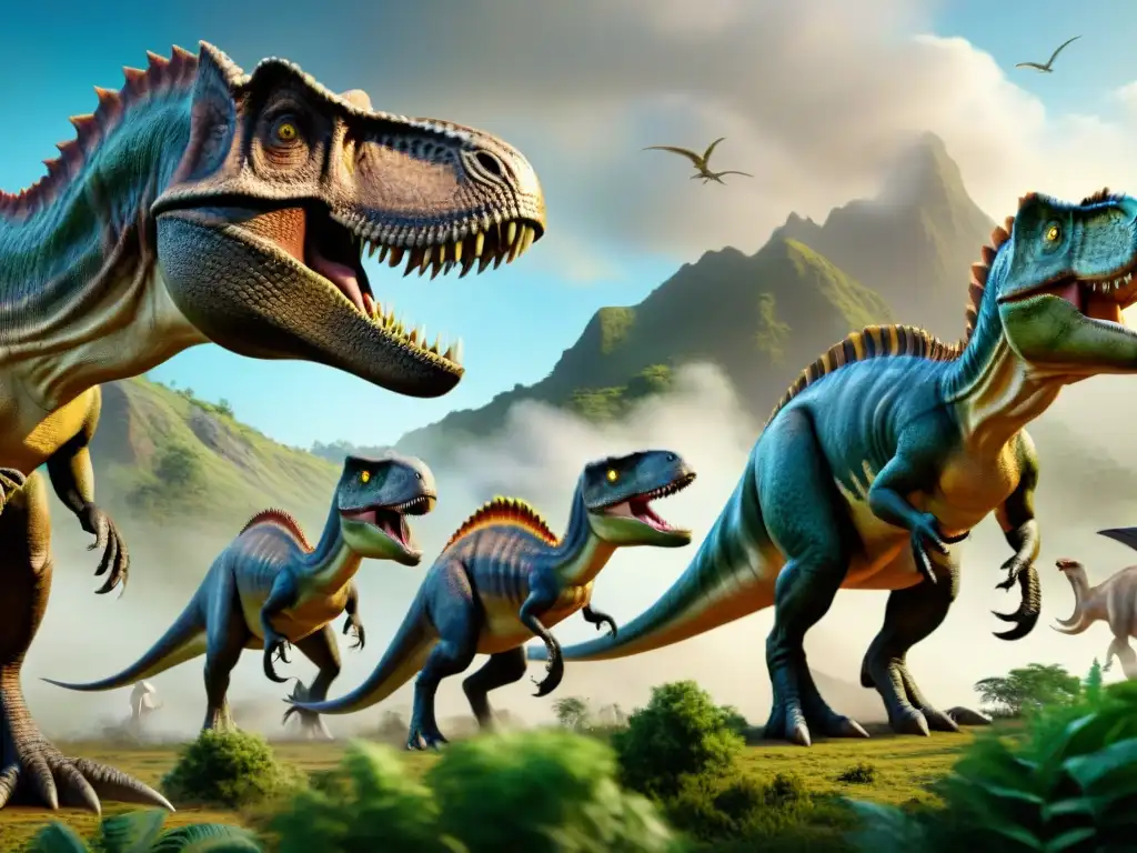 Jerarquía salvaje: manada de dinosaurios con un T-Rex dominante Impresionante jerarquía social en manadas de dinosaurios en un paisaje prehistórico detallado