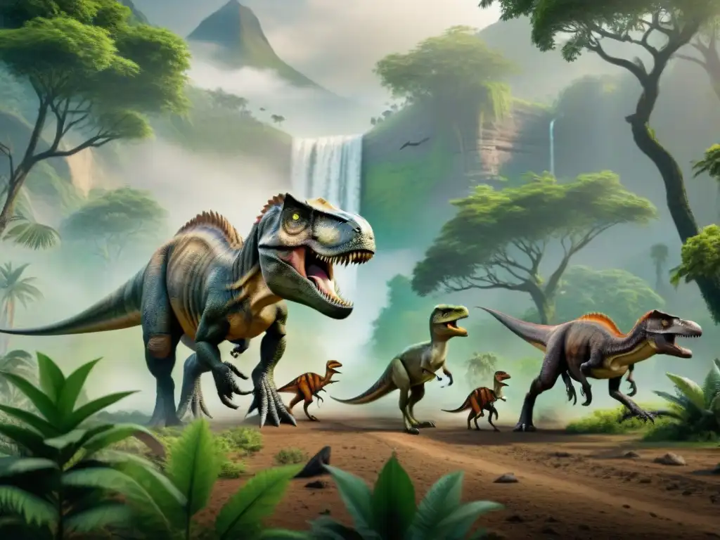 Tyrannosaurus rex lidera manada de Velociraptors en paisaje prehistórico Impresionante jerarquía social en manadas de dinosaurios: un Tiranosaurio rex lidera a Velocirraptores en formación, en un paisaje prehistórico