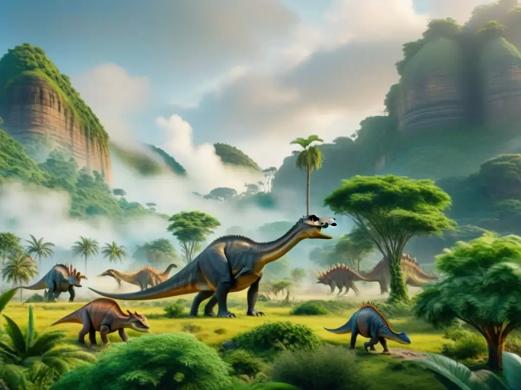 Manada de dinosaurios: vida y caza en la prehistoria Impresionante jerarquía social en manadas de dinosaurios en un paisaje prehistórico detallado