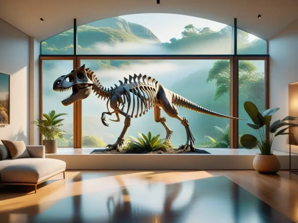 Impresionante decoración jurásica en interiores modernos con esqueleto de dinosaurio como centro de atención
