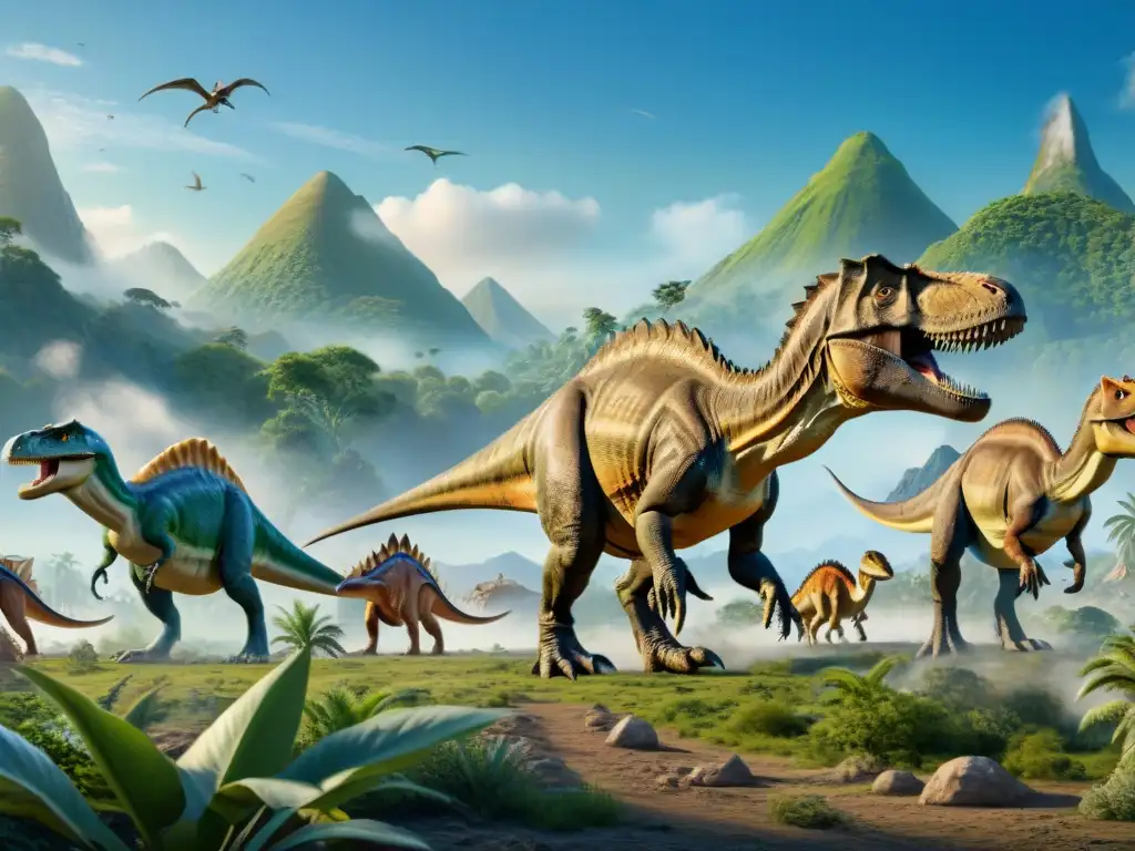 Épica migración de dinosaurios en paisaje prehistórico Impresionante migración de dinosaurios en paleontología