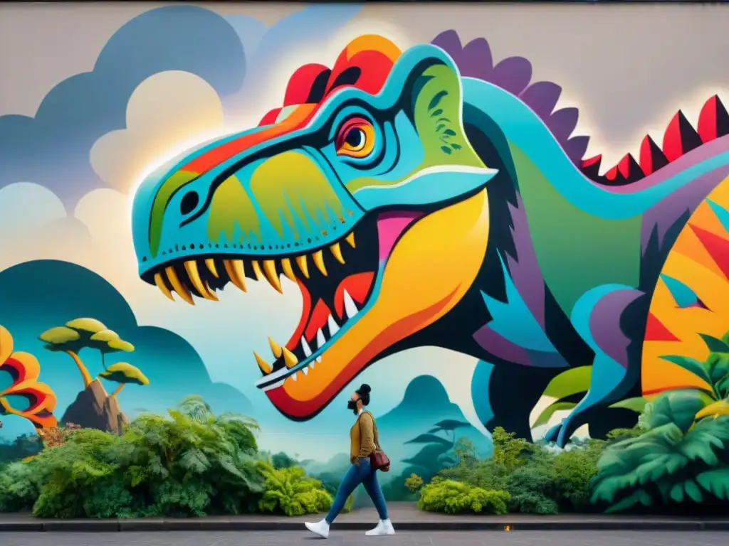 Mural urbano: Vida prehistórica en detalles Un impresionante mural de dinosaurios en arte callejero, recreando la era prehistórica con realismo y colorido