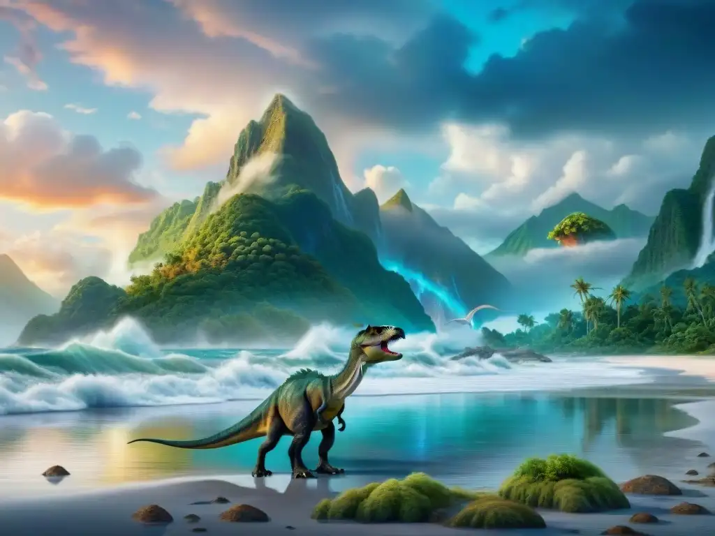 Impresionante paisaje prehistórico: dinosaurios junto al mar Impresionante paisaje prehistórico con dinosaurios cerca del mar, mostrando cambios nivel del mar dinosaurios