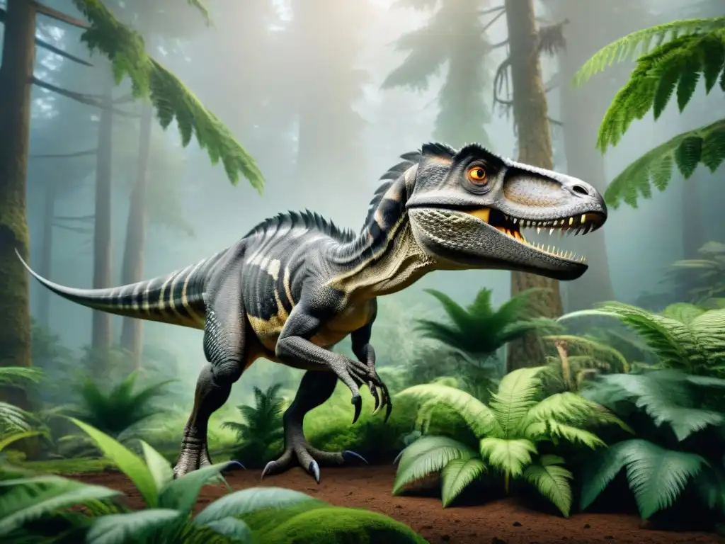 La jerarquía de los Velocirraptores: escena prehistórica en bosque denso Impresionante ilustración de la jerarquía social en manadas de dinosaurios en un denso bosque prehistórico
