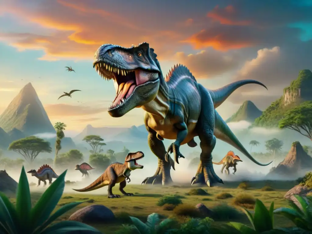 Jerarquía dinosauria: el Tyrannosaurus rex domina el paisaje prehistórico Impresionante ilustración de jerarquía social en manadas de dinosaurios, con un Tiranosaurio rex dominante rodeado de otras especies