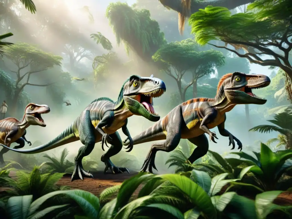 Acelerada caza de Velociraptors en la jungla prehistórica Impresionante representación de técnicas dinámicas con velocirraptores en la jungla prehistórica