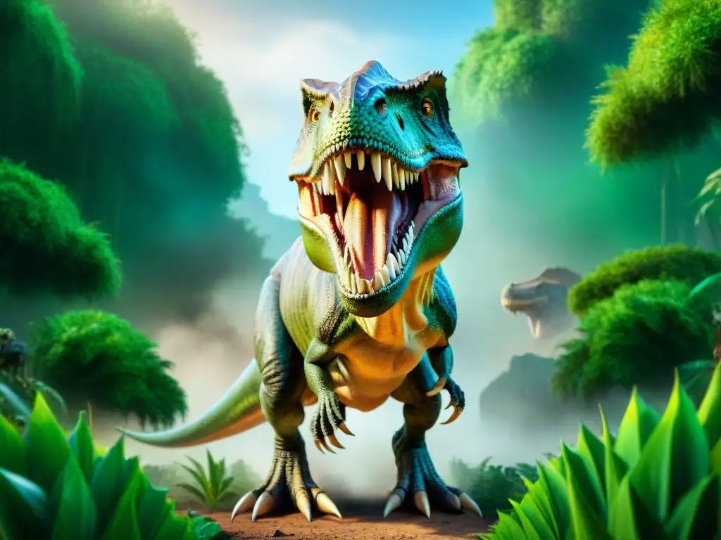 Imponente T-Rex en un ecosistema prehistórico vibrante Impresionante T-Rex rugiendo entre la exuberante vegetación prehistórica, con otros dinosaurios huyendo