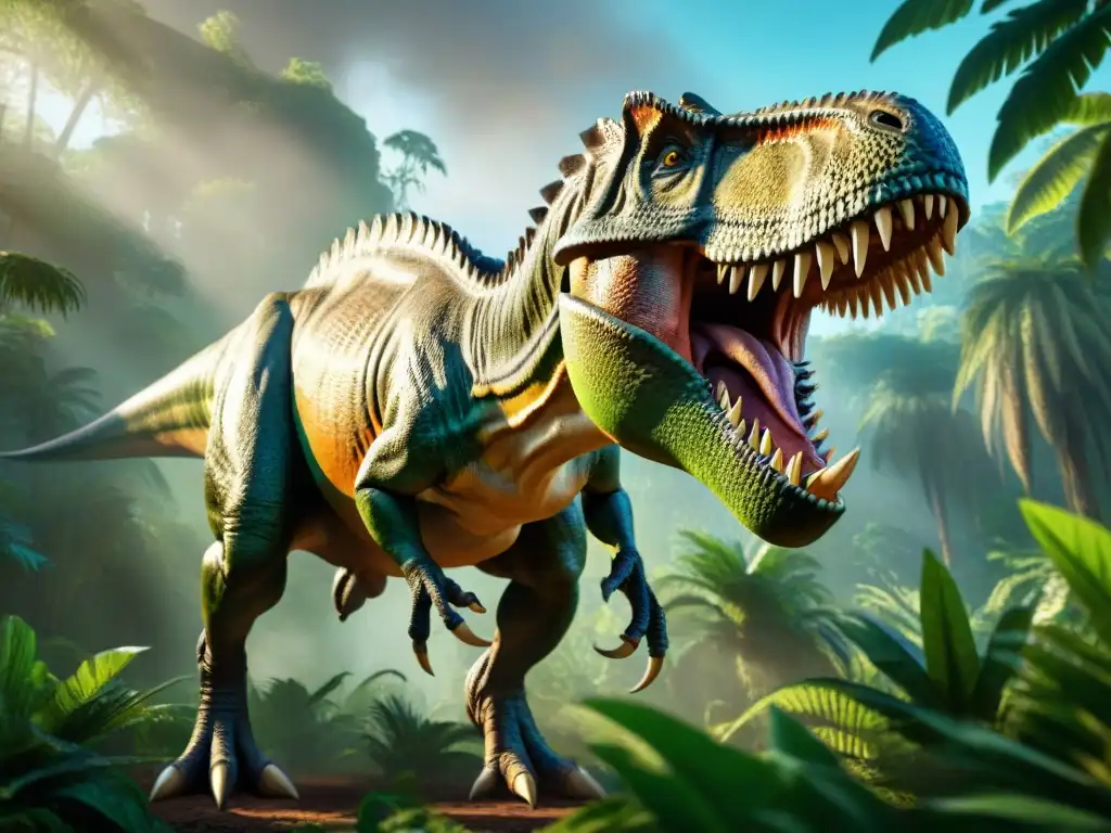 Recreación realista de un Tiranosaurio rex en la jungla prehistórica Impresionante T-Rex en la jungla prehistórica listo para cazar