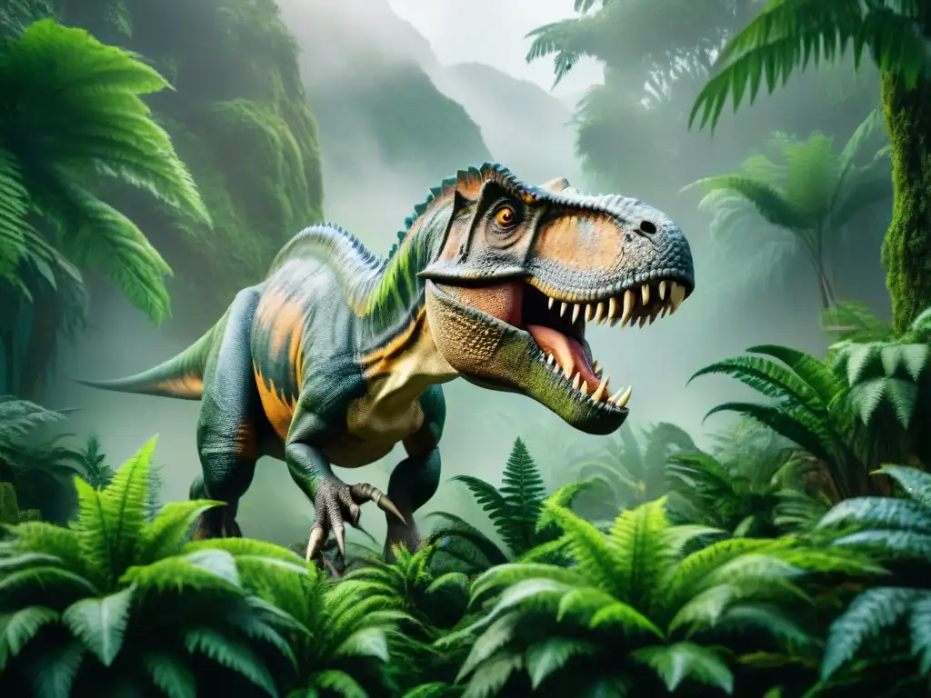 Rex Tyrannosaurus en estilo gráfico: detalle y majestuosidad Impresionante ilustración en 8k de un Tyrannosaurus rex en la novela gráfica, con un fondo de jungla prehistórica
