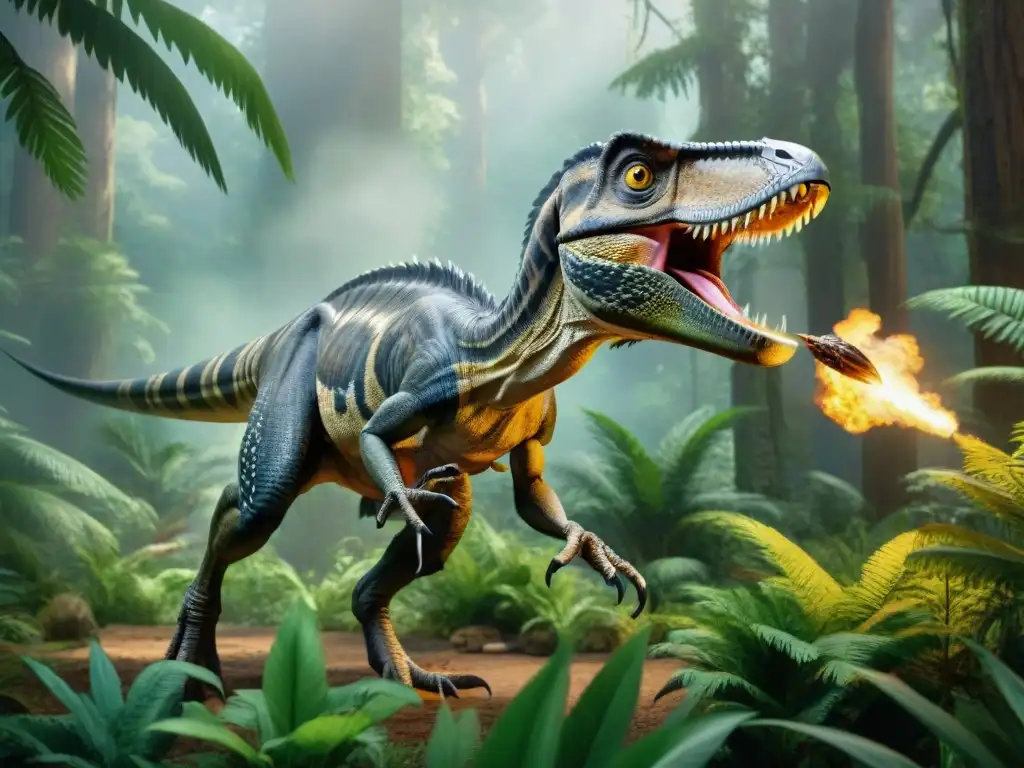 Velociraptor en caza: detalle y ferocidad en la selva prehistórica Impresionante ilustración de un Velociraptor cazando en un bosque prehistórico, capturando la esencia de la evolución de los dinosaurios cultura