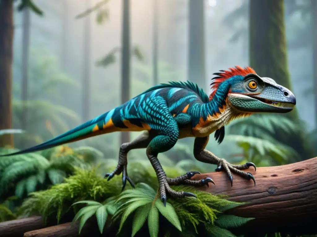 Velocirraptores en acción: detalle ultra realista en la selva prehistórica Impresionante ilustración de Velocirraptores con plumajes detallados en un bosque prehistórico