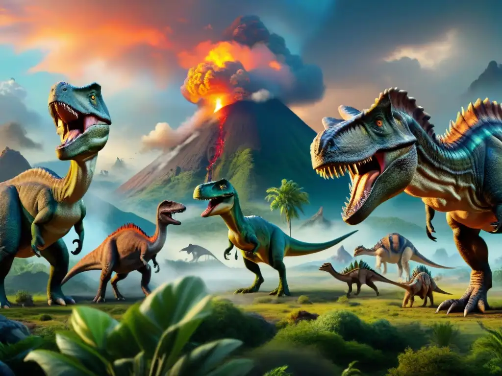 Dinosaurios en paisaje prehistórico con erupción volcánica Increíble ilustración detallada de dinosaurios adaptándose a cambios climáticos en un paisaje prehistórico exuberante con erupción volcánica al fondo
