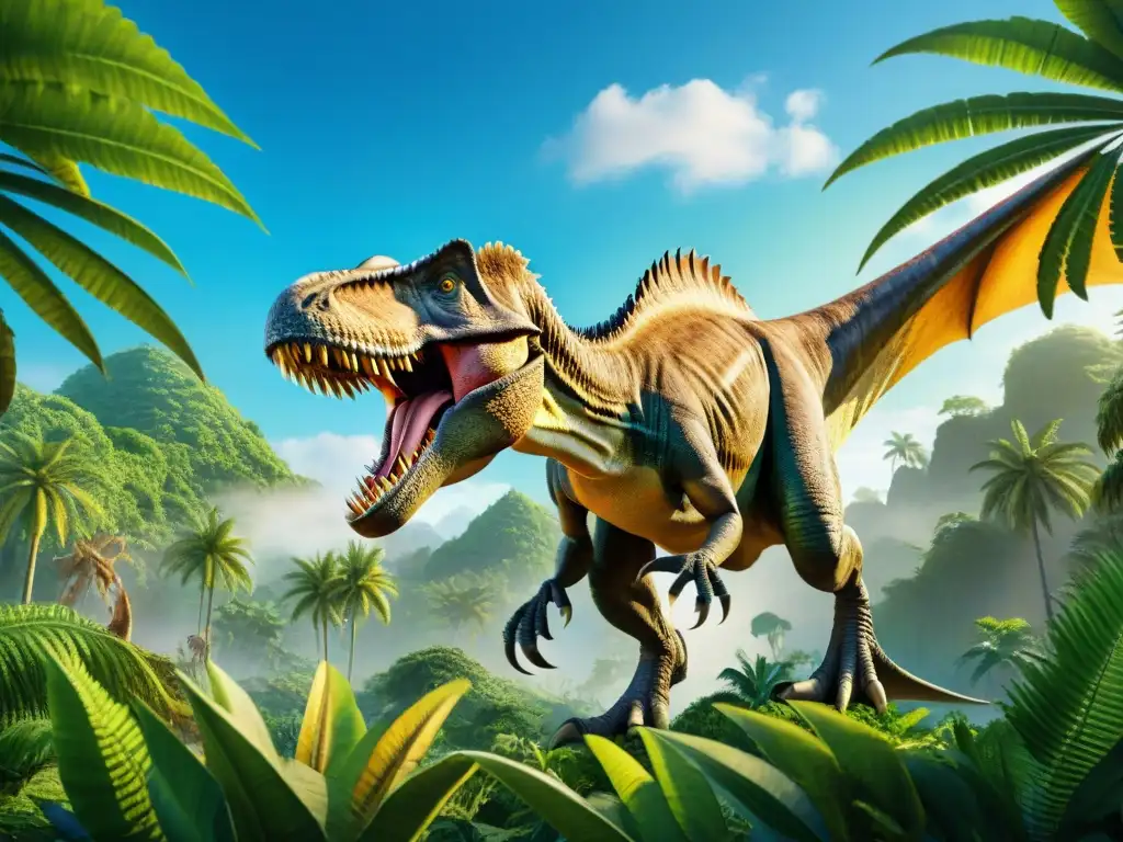 Ilustración detallada de un ecosistema prehistórico con un T Increíble ilustración detallada y vibrante de un ecosistema prehistórico lleno de vida con un T-Rex rugiendo en primer plano