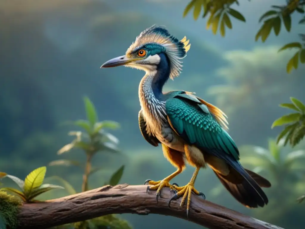 Arqueoptérix en detalle: un puente entre dinosaurios y aves modernas Increíble detalle del Archaeopteryx en rama, fusionando rasgos reptilianos con alas emplumadas