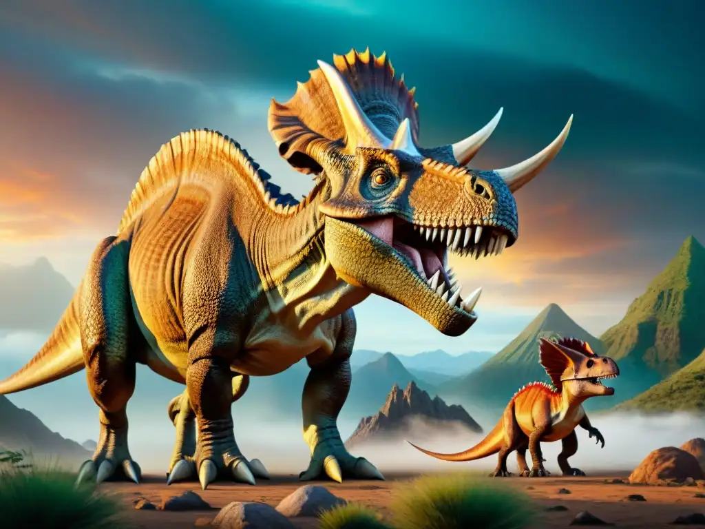 Dinosaurios con cuernos: ilustración detallada y diversa Un increíble dibujo detallado de una variedad de dinosaurios con cuernos intrincados y diversos