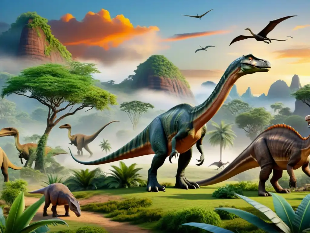 Reconstrucción detallada de un paisaje prehistórico con dinosaurios en su hábitat natural Increíble representación de dinosaurios en cultura prehistórica con Brachiosaurus, Velociraptors y Pteranodon en su hábitat natural