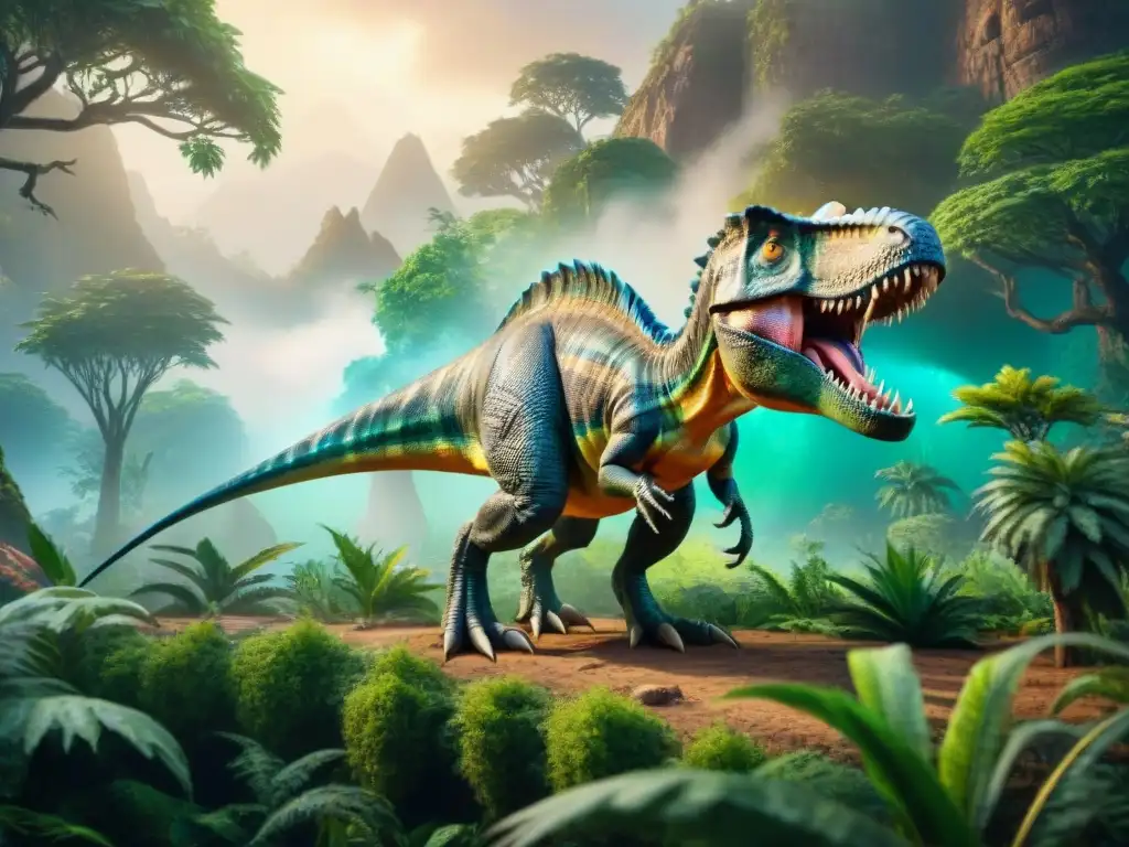 Dinosaurios prehistóricos comunicándose a través del sonido Increíble ilustración de dinosaurios prehistóricos comunicándose con sonidos coloridos