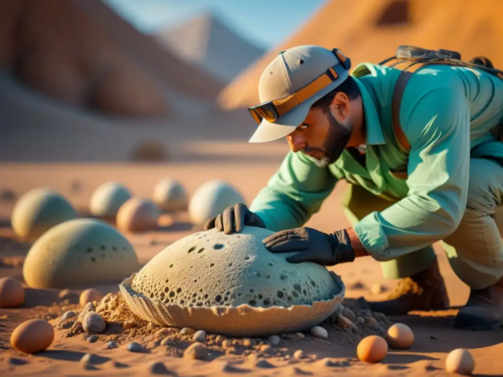 Descubrimiento asombroso: Nido de huevos de dinosaurio fosilizados en desierto Increíble descubrimiento: huevos de dinosaurio fosilizados en un nido, con detalles únicos y paleontólogos excavando