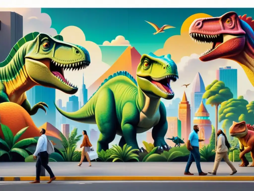 Mural vibrante: Humanos y dinosaurios en la ciudad Increíble mural en plaza de ciudad: dinosaurios y humanos conviven en metrópoli